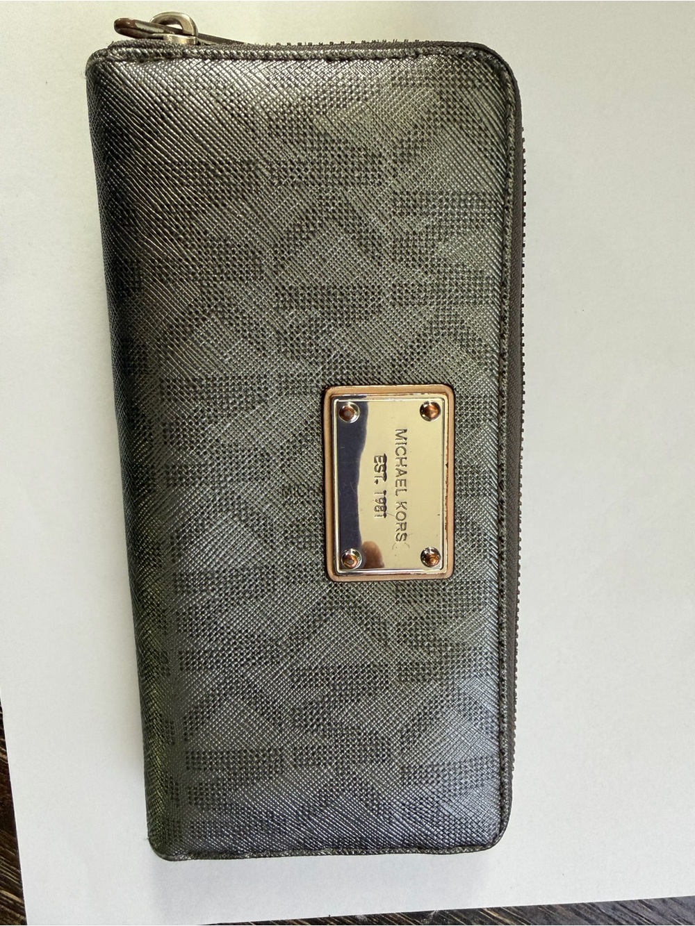 Michael Kors Metallic Gray Logo Zip Wallet with Gold Plaque